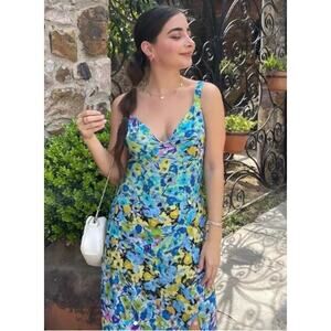 ZARA Floral Midi Sundress Medium Blue Yellow‎ Sleeveless A-Line Smocked Summer